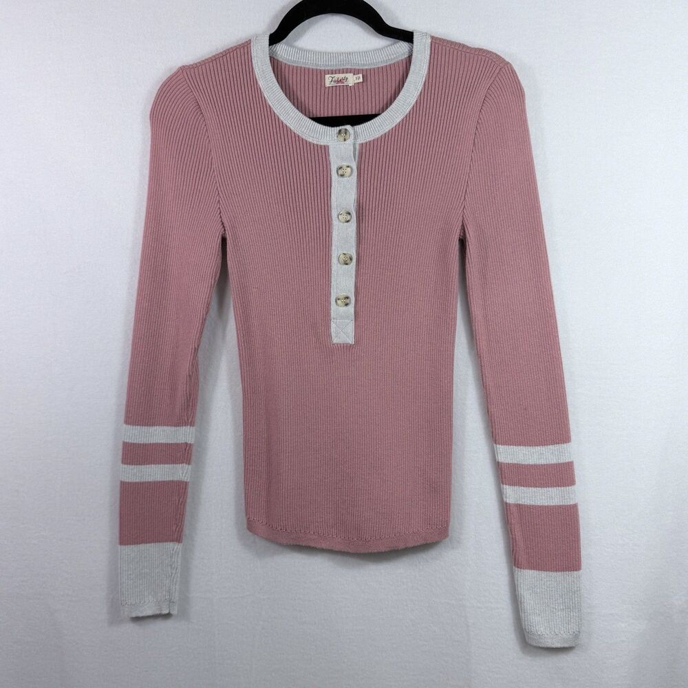 Faherty Pink Organic Cotton Cashmere Ribbed Mikki Henley Sweater Top Women's S